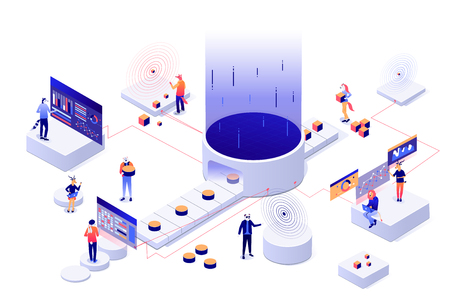 Data visualisation illustration vector concept. People interacting with charts and analysing statistics on 3d isometric.のイラスト素材