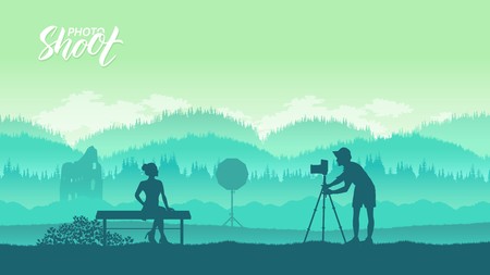 A photographer with equipment makes a photo session with models in nature concept. Take pictures or shoot video in the wild life designのイラスト素材