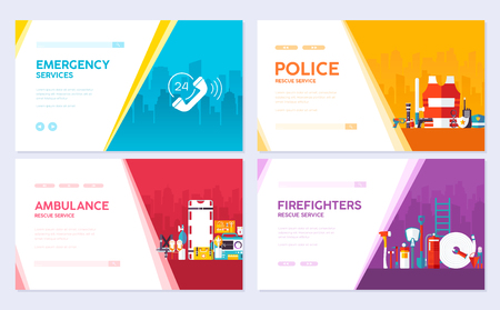 Firefighter, rafting, police, medicine rescue set. Emergency services brochure card set. template of flyear, web banner, ui header, enter site. Layout invintation modernのイラスト素材