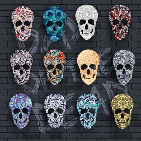 Set skull for the illustrations concept on day of the dead. Vector template colorful abstract decorative ornament design.のイラスト素材