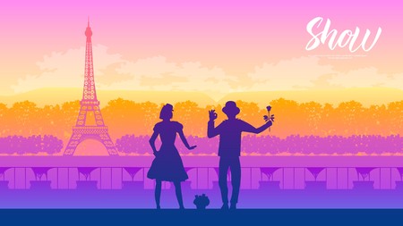 street artists on the background of the elf tower in France. Landscape nature vector land page designのイラスト素材
