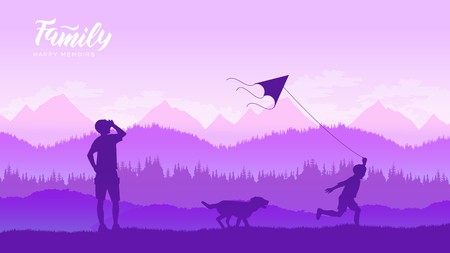 Happy family father and child daughter launch a kite on nature at sunset illustration design conceptのイラスト素材