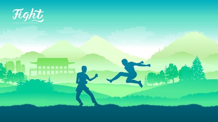 China warriors martial arts of different Nations of the world. Traditional fights without weapons background. Fighting style battle template layout modern sliderのイラスト素材