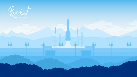 Rocket takes off in the starry sky backround. Spaceship begins the mission concept. Spacecraft takes off into space illustrationのイラスト素材