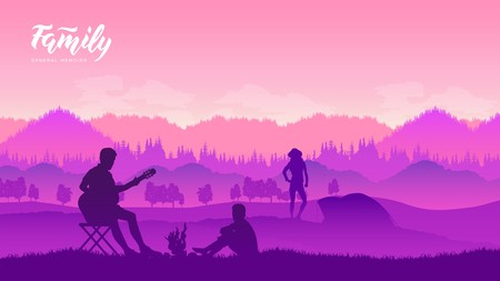 Camping and tent grained picture under the forest in sunset. Nature holiday with guitar and family illustrationのイラスト素材