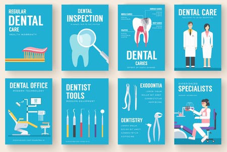 Dental office interior information cards set. Hygiene template of flyear, magazines, posters, book cover, banners. Clinic infographic concept background. Layout dentistry illustrations modern pages.のイラスト素材