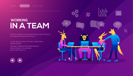 Landing page template of Seo Analytics team. Project management and financial report strategy. Collaboration concept with collaborative people. Business analysis planning vectorのイラスト素材