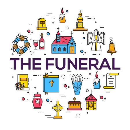 Cemetery with different graves and small Christian church in sunny day. Layout modern vector background illustration design concept.のイラスト素材