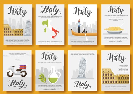 Italy vector brochure cards flat set. Country travel template of flyear, magazines, posters, book cover, banners. Layout culture monument illustrations modern pagesのイラスト素材