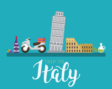 Country Italy travel vacation guide of goods, places and features. Set of architecture, fashion, people, items, nature background concept. Infographic template design for web and mobile on flat styleのイラスト素材