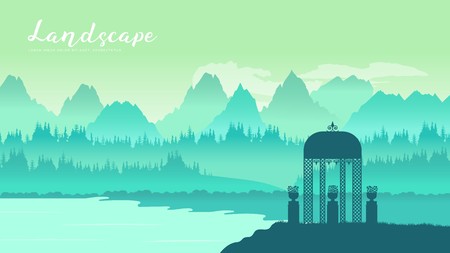Outdoor gazebo in nature landscape vector brochure card. Romantic place on sunrise template land page wallapapers design . lifestyle invitation concept. Layout modern designのイラスト素材