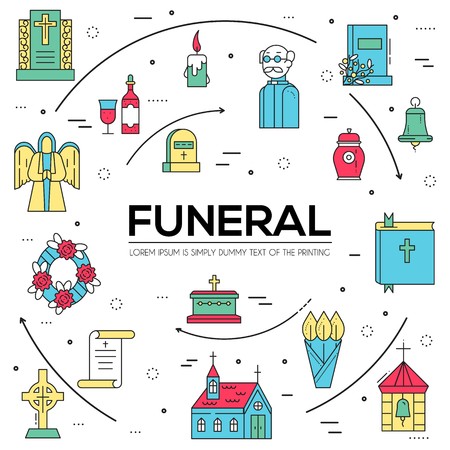 Cemetery with different graves and small Christian church in sunny day. Layout modern vector background illustration design conceptのイラスト素材