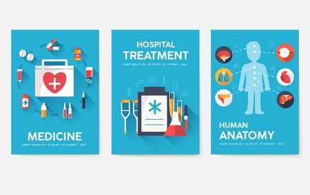 Medicine information cards set. Medical template of flyear, magazines, posters, book cover. Clinical infographic concept on blue background. Layout illustrations template pages with typography textのイラスト素材