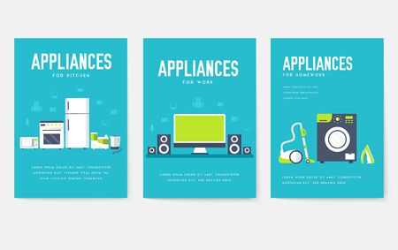 Home appliances cards set. Electronics template of flyear, magazines, posters, book cover, banners. Devices infographic concept background. Layout illustrations template pages with typography textのイラスト素材