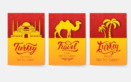 Set of Turkish flyer page ornament illustration concept. Art traditional, Islam, arabic, abstract, ottoman motifs, elements. Vector decorative ethnic greeting card or invitation design background.のイラスト素材