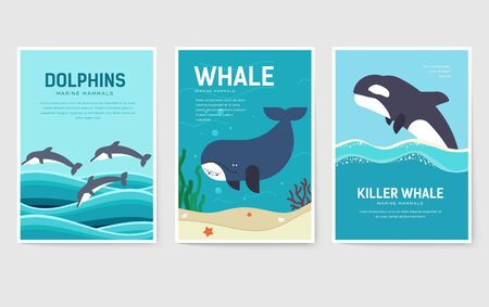 Set of Sea mammals pattern concept. Art animal, magazine, book, poster, abstract, banners, element. Vector fish in ocean life package greeting card or invitation brochure designのイラスト素材