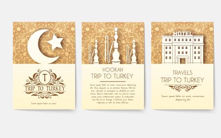 Set of Turkish flyer page ornament illustration concept. Art traditional, Islam, arabic, abstract, ottoman motifs, elements. Vector decorative ethnic greeting card or invitation design background.のイラスト素材