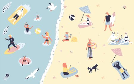 People at beach or seashore relaxing flat cartoonのイラスト素材