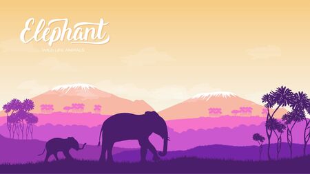 Elephant with children is in the environment illustration. Wild animal against the background of nature africa concept. Wild animal in the savannahのイラスト素材