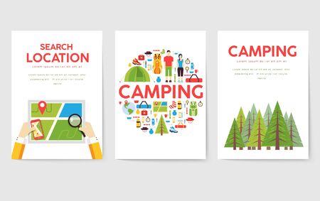 Camping trip cards set. Hiking template of flyear, magazines, posters, book cover, banners. Trave tourl infographic concept background. Layout illustrations template pages with typography textのイラスト素材