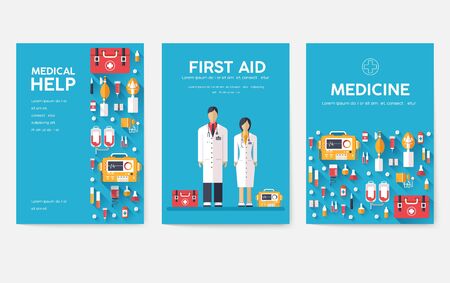 Medicine information cards set. Medical template of flyear, magazines, posters, book cover. Clinical infographic concept on blue background. Layout illustrations template pages with typography textのイラスト素材