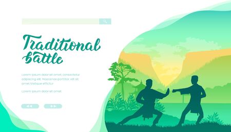 Silhouette of martial art masters of China on nature.のイラスト素材