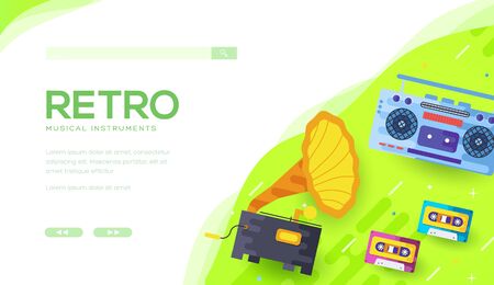 Phonograph, tape recorder, audio cassettes on greenのイラスト素材