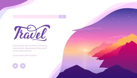 Fairy landscape with sea, mountains on starry evening sky background. Cliffed coast of ocean during sunset or sunrise. Vector design for travel, maritime, shipping projects. Place for text.のイラスト素材