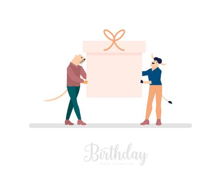 Friends or colleagues hold giant gift box with ribbonのイラスト素材