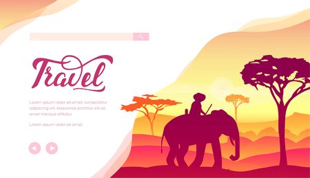 Man on elephant against savanna landscape.のイラスト素材