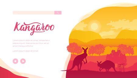 Australian landscape with kangaroos, trees, hills.のイラスト素材