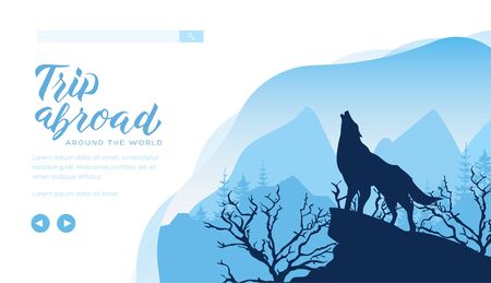Silhouette of wolf howling to the moon on rock.のイラスト素材