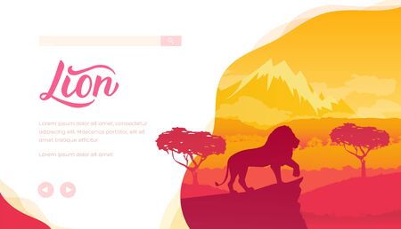African lion stands on cliff on savanna backgroundのイラスト素材