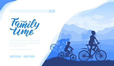 Silhouette of family riding bicycle in nature.のイラスト素材