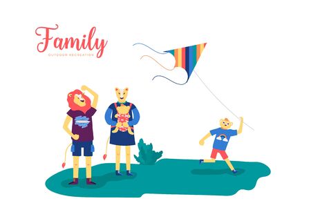Lion family spends time in nature at weekend.のイラスト素材