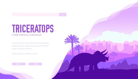 Triceratops on nature background with rocks, palmtrees.のイラスト素材