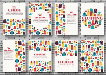 Clothes vector brochure cards set. Print art template of flyer, magazines, posters, book cover, banners. Colorful design invitation concept background. Layout shop illustrations modern .のイラスト素材