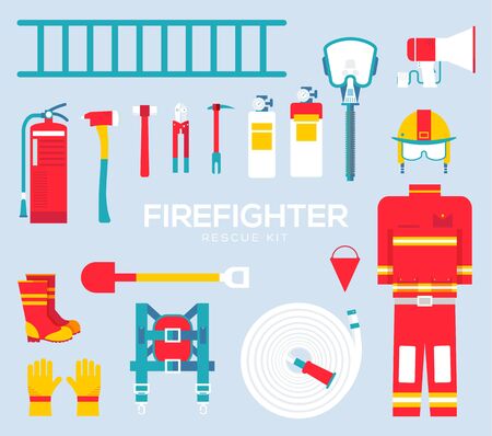 Firefighter equipment and tools flat icons.のイラスト素材