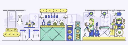Rock club interior with musical equipment, bar counter, alcoholic drinks, tables, chairs, stage. Music band, guitarist and drummer having show or repetition. Vector flat illustration.のイラスト素材