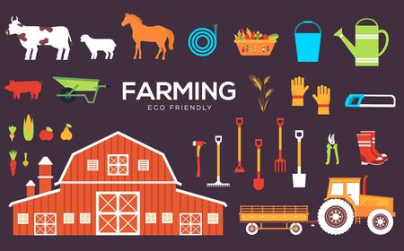 Set of farm equipment, tools, animals, plants.のイラスト素材