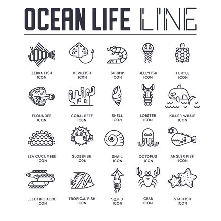 Set of ocean life thin line icons, pictograms.のイラスト素材