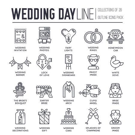 Set of wedding day decoration and attributes icons.のイラスト素材