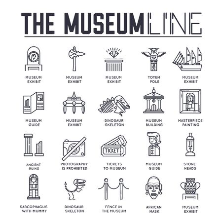Set of museum building and objects thin line icons.のイラスト素材