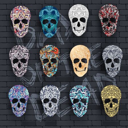 Set skull for the illustrations concept on day of the dead. Vector template colorful abstract decorative ornament design.のイラスト素材