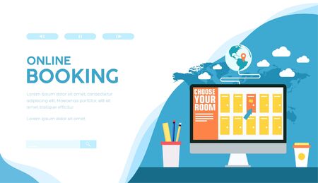 Computer, stationary, coffee on desk. Many variations for choosing on screen. Online hotel, room, ticket reservation, accommodation, planning of vacation concept. Vector design for travel projects.のイラスト素材