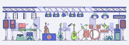 Rock concert preparing. Stage before show with microphones, spotlights, loudspeakers, musical instruments: guitars, violin. synthesizer, bass, drum kit. Vector flat horizontal illustration.のイラスト素材