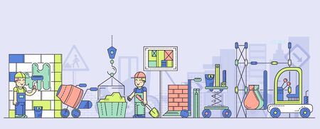 Building process vector flat horizontal illustration. Construction activity of work crew in hardhats with dump cart, cement mixer, tools, crane, project execution plan, bricks, traffic sign.のイラスト素材