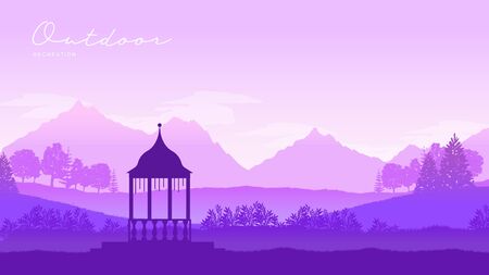 Outdoor gazebo in nature landscape vector brochure card. Romantic place on sunrise template land page wallapapers design . lifestyle invitation concept. Layout modern designのイラスト素材
