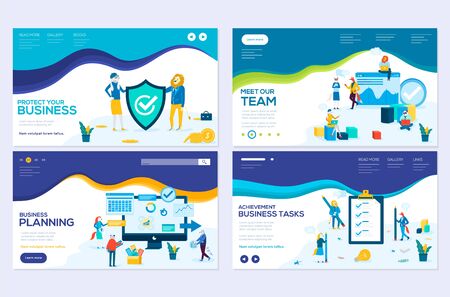 Business school website templates set. Business protection, insurance coaching vector landing page. Time management seminar web banner with copyspace. Teamwork. Cartoon characters with animals headsのイラスト素材
