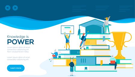 Different tempers students and teachers stand, sit with stationary, books, laptops, certificate, prize cub. Concept of online distance education, knowledge is power. Vector flat design. Copy space.のイラスト素材